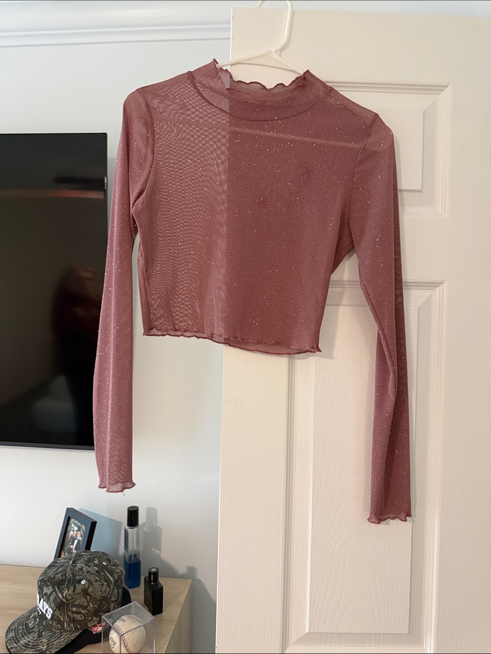 miami Sheer Sparkle Long-Sleeve Crop Top in Dusty Rose